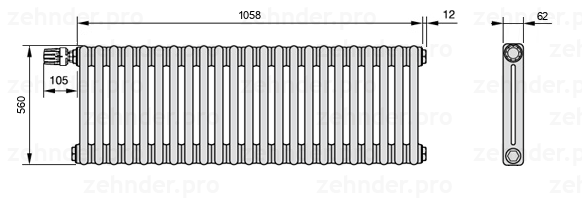 Схема (чертеж) Радиатор Zehnder Charleston 2056/23 №V012 Белый глянцевый RAL 9016